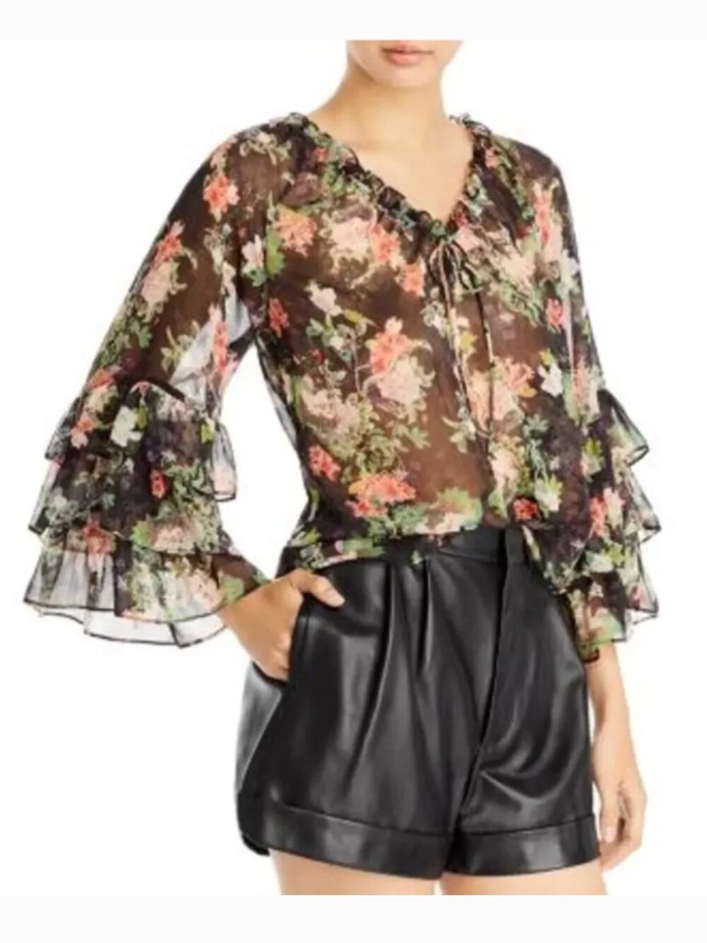 ALICE + OLIVIA Ladies Semi Sheer Ruffle Sleeve Floral Print "Kallie" Blouse, M